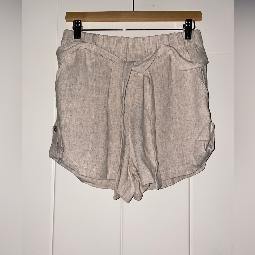 Bobi Black Women Linen Blend Dressy Shorts Oatmeal Tie Waist Wide Leg Medium - Picture 7 of 9